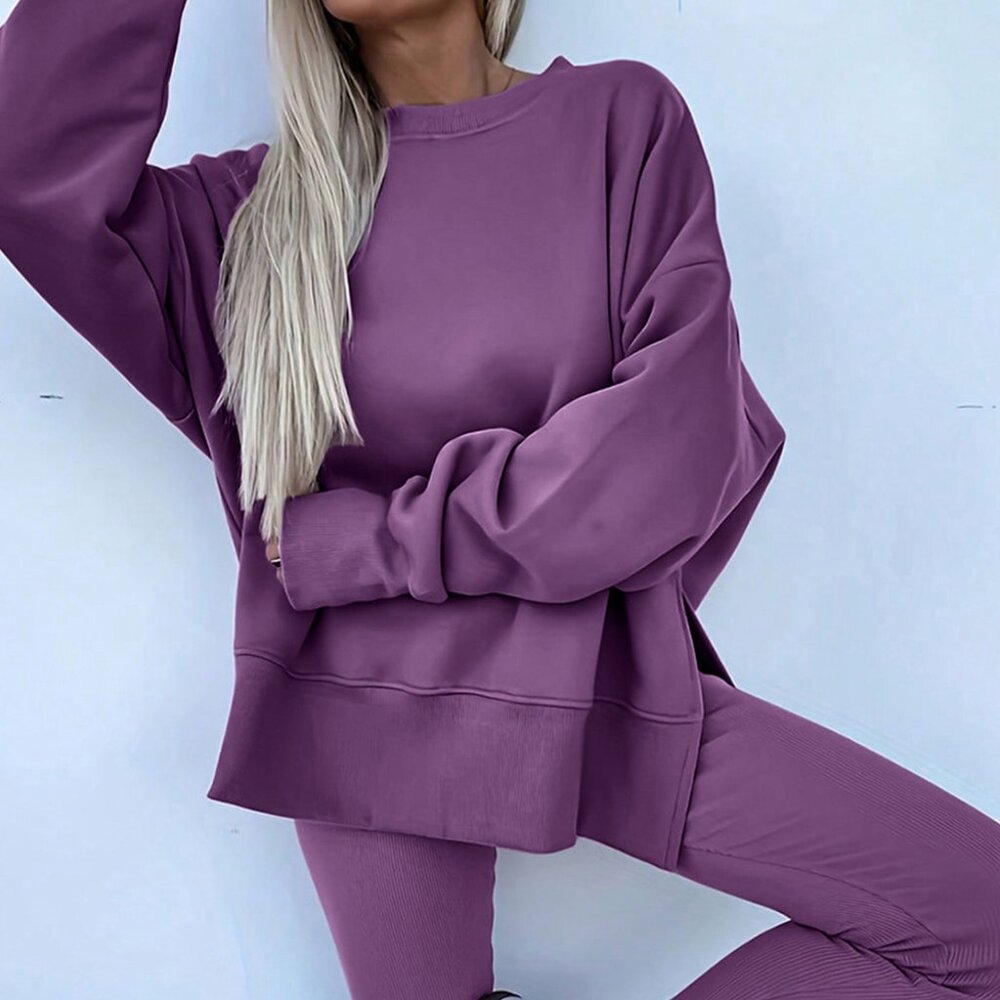 B325 Orchid Mist Solid Color Oversize Slit Sweatshirt Ribbed Leggings 2pcs Set